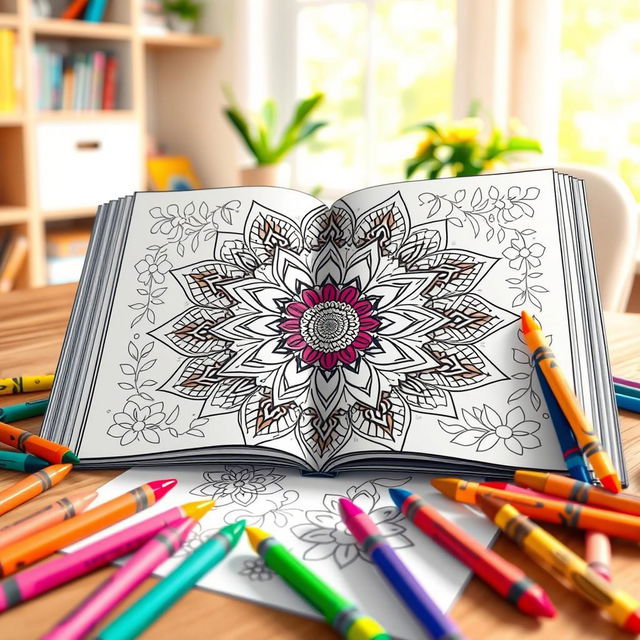 A whimsical illustration of a colorful coloring book page featuring an intricate mandala design, surrounded by vibrant crayons scattered around