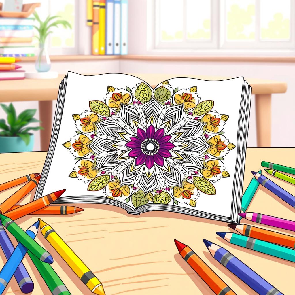 A whimsical illustration of a colorful coloring book page featuring an intricate mandala design, surrounded by vibrant crayons scattered around