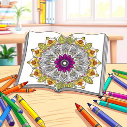 A whimsical illustration of a colorful coloring book page featuring an intricate mandala design, surrounded by vibrant crayons scattered around