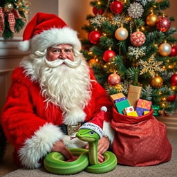 A beautiful and bright Santa Claus, dressed in a vibrant red fur coat with a fluffy white collar and a matching red hat, with a large and fluffy white beard, is sitting next to a chic New Year tree adorned with shimmering ornaments and twinkling lights