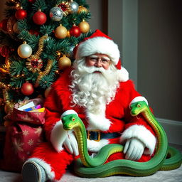 A beautiful and bright Santa Claus, dressed in a vibrant red fur coat with a fluffy white collar and a matching red hat, with a large and fluffy white beard, is sitting next to a chic New Year tree adorned with shimmering ornaments and twinkling lights