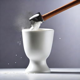 A high-resolution, real-life photograph capturing the moment a real white cup is hit with a hammer until it splits in two