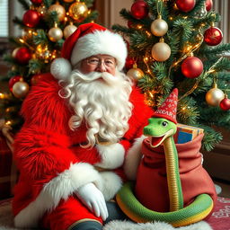 A beautiful and bright Santa Claus, dressed in a vibrant red fur coat with a fluffy white collar and a matching red hat, with a large and fluffy white beard, is sitting next to a chic New Year tree adorned with shimmering ornaments and twinkling lights