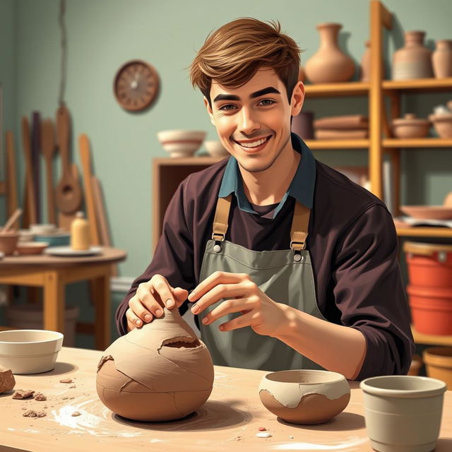 In a vibrant, inviting workshop, illustrate a young artist, perhaps in his early twenties, as he picks up a piece of imperfect clay from his workspace