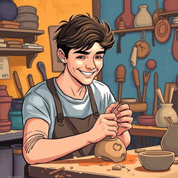 In a vibrant, inviting workshop, illustrate a young artist, perhaps in his early twenties, as he picks up a piece of imperfect clay from his workspace