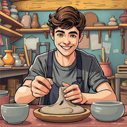 In a vibrant, inviting workshop, illustrate a young artist, perhaps in his early twenties, as he picks up a piece of imperfect clay from his workspace