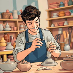 In a vibrant, inviting workshop, illustrate a young artist, perhaps in his early twenties, as he picks up a piece of imperfect clay from his workspace