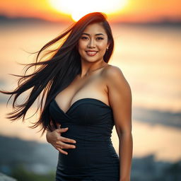 A stunning voluptuous Asian woman posing gracefully, with long flowing black hair, wearing a fitted, elegant dress that accentuates her curves