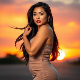 A stunning voluptuous Asian woman posing gracefully, with long flowing black hair, wearing a fitted, elegant dress that accentuates her curves
