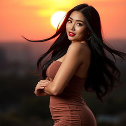 A stunning voluptuous Asian woman posing gracefully, with long flowing black hair, wearing a fitted, elegant dress that accentuates her curves