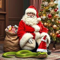 A beautiful, cheerful Santa Claus wearing a bright red fur coat with a plush white collar and a matching red hat, complete with a large fluffy white beard