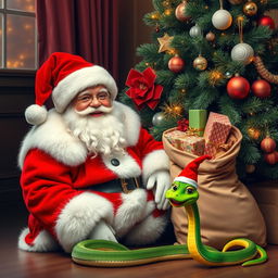 A beautiful, cheerful Santa Claus wearing a bright red fur coat with a plush white collar and a matching red hat, complete with a large fluffy white beard