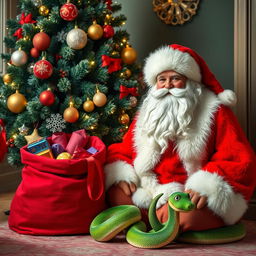 A beautiful, cheerful Santa Claus wearing a bright red fur coat with a plush white collar and a matching red hat, complete with a large fluffy white beard