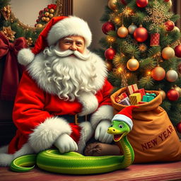 A beautiful, cheerful Santa Claus wearing a bright red fur coat with a plush white collar and a matching red hat, complete with a large fluffy white beard