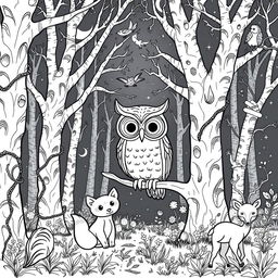 A whimsical scene for a medieval-themed coloring book, depicting a mystical forest at night