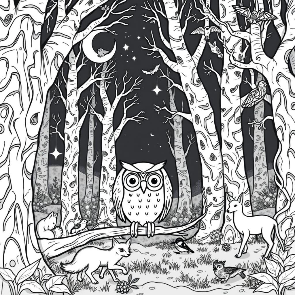 A whimsical scene for a medieval-themed coloring book, depicting a mystical forest at night