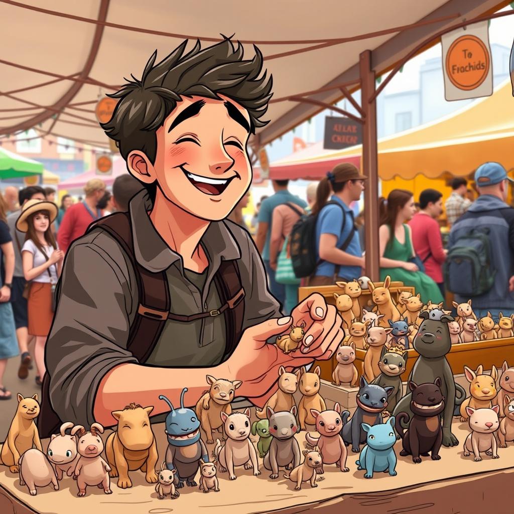 In a bustling outdoor marketplace, illustrate a young Theo, around his early twenties, joyfully showcasing his collection of small, hand-crafted clay animals