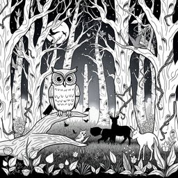 A whimsical scene for a medieval-themed coloring book, depicting a mystical forest at night