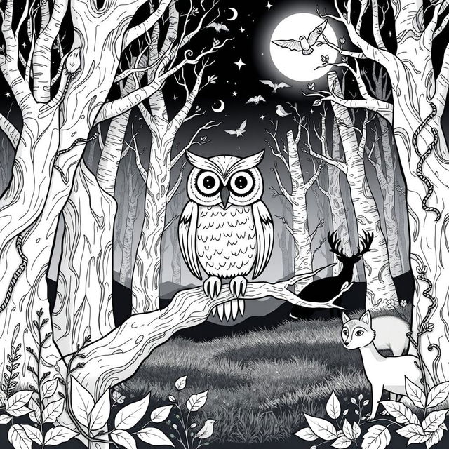 A whimsical scene for a medieval-themed coloring book, depicting a mystical forest at night