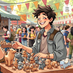 In a bustling outdoor marketplace, illustrate a young Theo, around his early twenties, joyfully showcasing his collection of small, hand-crafted clay animals