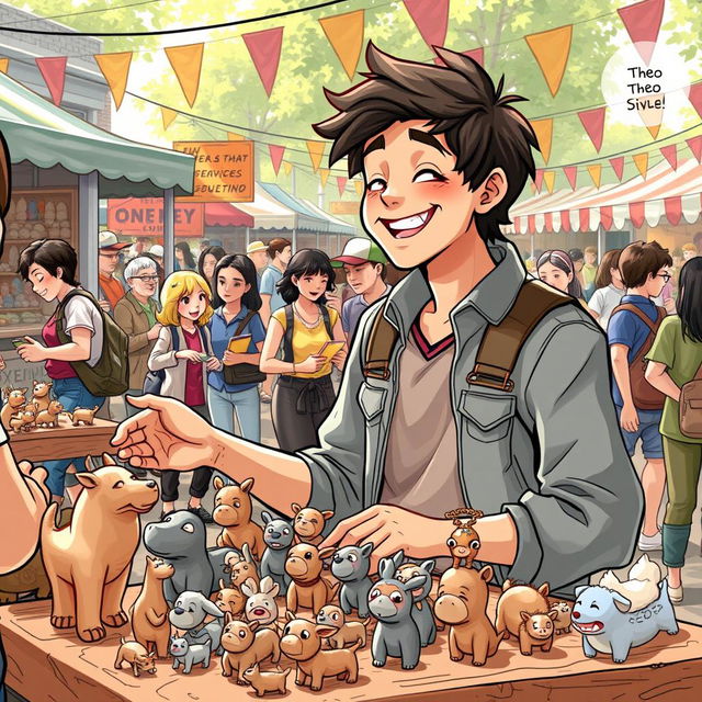 In a bustling outdoor marketplace, illustrate a young Theo, around his early twenties, joyfully showcasing his collection of small, hand-crafted clay animals