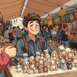 In a bustling outdoor marketplace, illustrate a young Theo, around his early twenties, joyfully showcasing his collection of small, hand-crafted clay animals