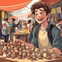 In a bustling outdoor marketplace, illustrate a young Theo, around his early twenties, joyfully showcasing his collection of small, hand-crafted clay animals