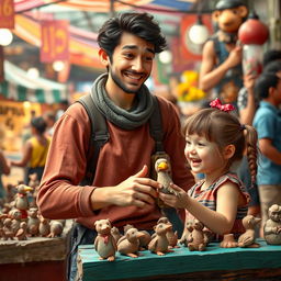 In a bustling marketplace, depict a young artist, Theo, in his early twenties, animatedly presenting his collection of clay animals at his vibrant stall