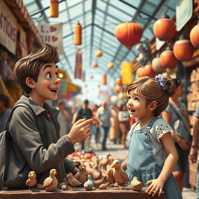 In a bustling marketplace, depict a young artist, Theo, in his early twenties, animatedly presenting his collection of clay animals at his vibrant stall