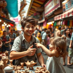 In a bustling marketplace, depict a young artist, Theo, in his early twenties, animatedly presenting his collection of clay animals at his vibrant stall