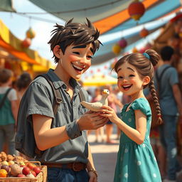 In a heartwarming scene set in a sunny marketplace, depict a young artist named Theo, beaming with joy as he hands a charming, slightly lopsided clay bird to a delighted little girl