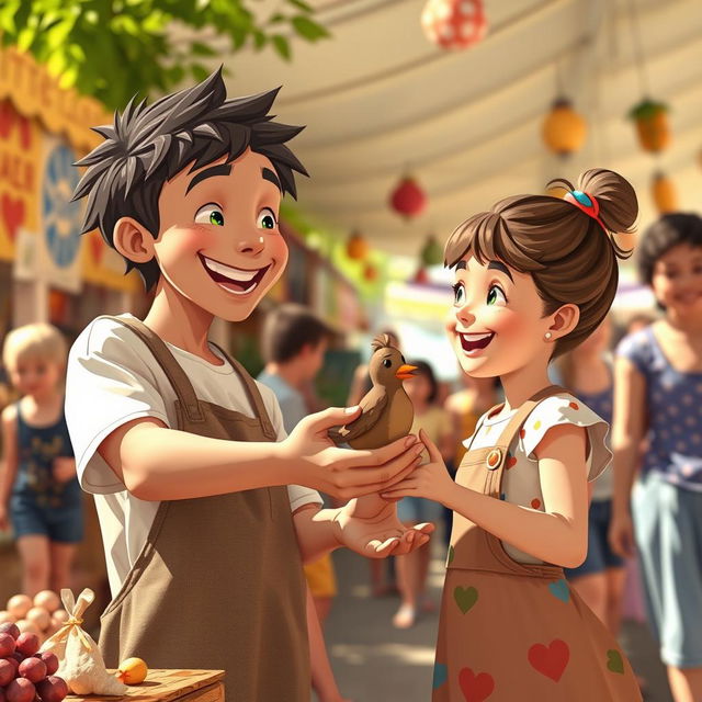 In a heartwarming scene set in a sunny marketplace, depict a young artist named Theo, beaming with joy as he hands a charming, slightly lopsided clay bird to a delighted little girl