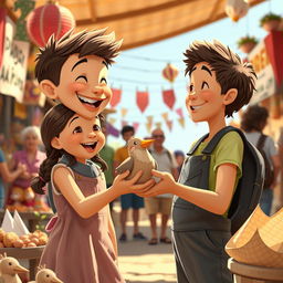 In a heartwarming scene set in a sunny marketplace, depict a young artist named Theo, beaming with joy as he hands a charming, slightly lopsided clay bird to a delighted little girl