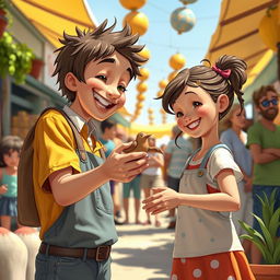 In a heartwarming scene set in a sunny marketplace, depict a young artist named Theo, beaming with joy as he hands a charming, slightly lopsided clay bird to a delighted little girl