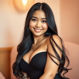 A stunning Asian woman with voluptuous curves, blushing with a delicate smile