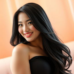 A stunning Asian woman with voluptuous curves, blushing with a delicate smile