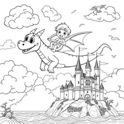 A whimsical black and white illustration for a coloring book depicting a child joyfully flying on the back of a friendly dragon