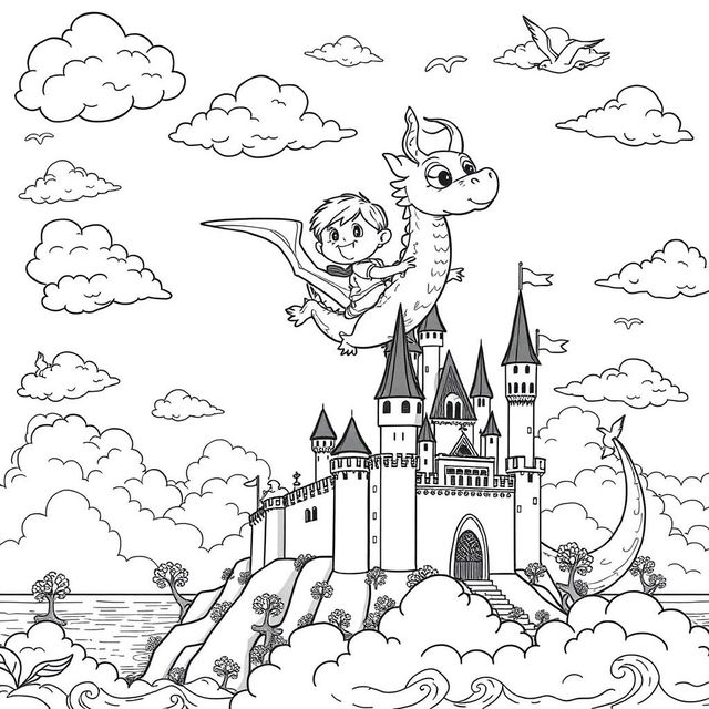 A whimsical black and white illustration for a coloring book depicting a child joyfully flying on the back of a friendly dragon