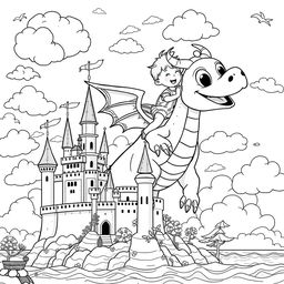 A whimsical black and white illustration for a coloring book depicting a child joyfully flying on the back of a friendly dragon