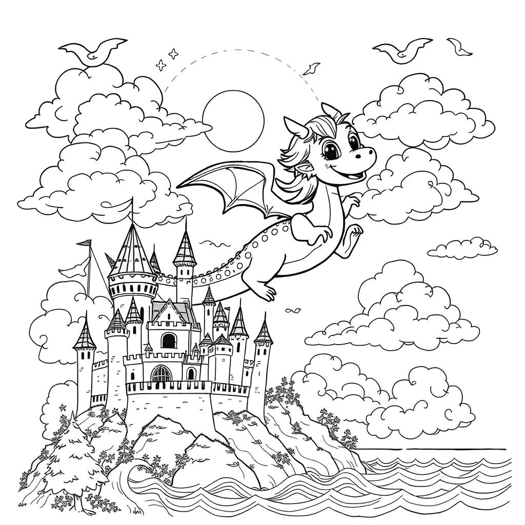 A whimsical black and white illustration for a coloring book depicting a child joyfully flying on the back of a friendly dragon