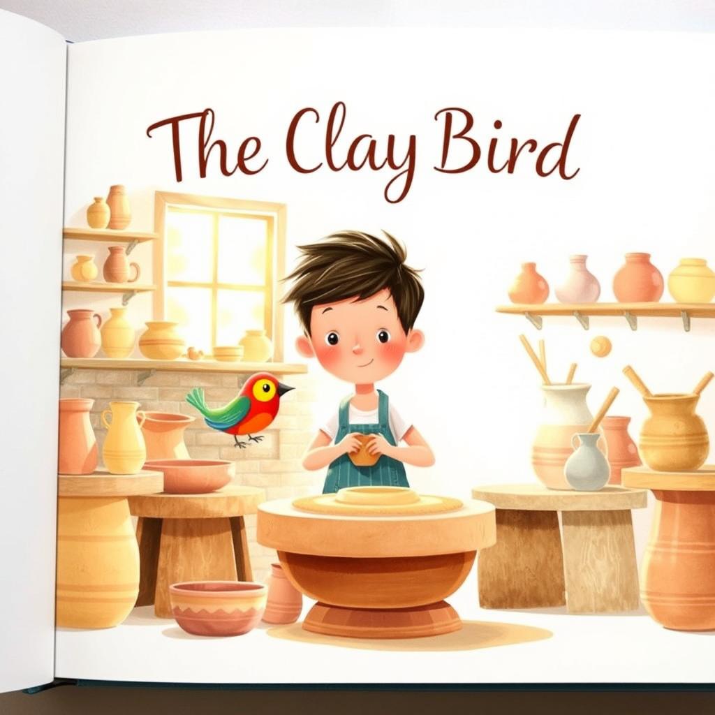 A beautifully illustrated front page of a book titled 'The Clay Bird', featuring a young potter in a serene, sunlit studio surrounded by various clay creations