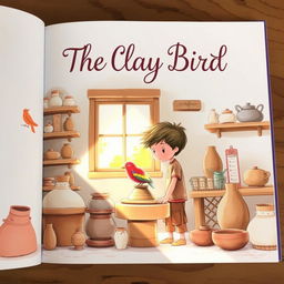 A beautifully illustrated front page of a book titled 'The Clay Bird', featuring a young potter in a serene, sunlit studio surrounded by various clay creations