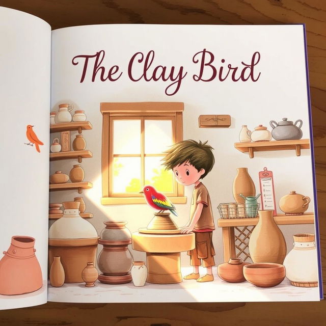 A beautifully illustrated front page of a book titled 'The Clay Bird', featuring a young potter in a serene, sunlit studio surrounded by various clay creations