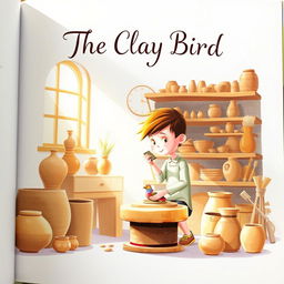A beautifully illustrated front page of a book titled 'The Clay Bird', featuring a young potter in a serene, sunlit studio surrounded by various clay creations