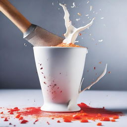 A high-quality, real-life photograph capturing the moment a real white cup is hit with a hammer until it shatters into pieces like a cake