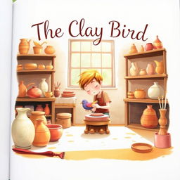 A beautifully illustrated front page of a book titled 'The Clay Bird', featuring a young potter in a serene, sunlit studio surrounded by various clay creations