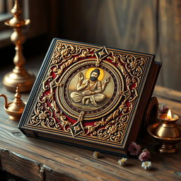 A captivating 3D representation of the Markandeya Purana book, featuring it as an ornate, ancient volume