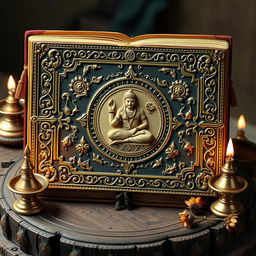 A captivating 3D representation of the Markandeya Purana book, featuring it as an ornate, ancient volume