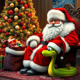 A beautiful and bright Grandfather Frost wearing a luxurious red fur coat with a fluffy white collar and a matching red hat, showcasing a large, fluffy white beard