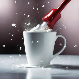 A high-quality, real-life photograph capturing the moment a real white cup is hit with a hammer until it shatters into pieces like a cake